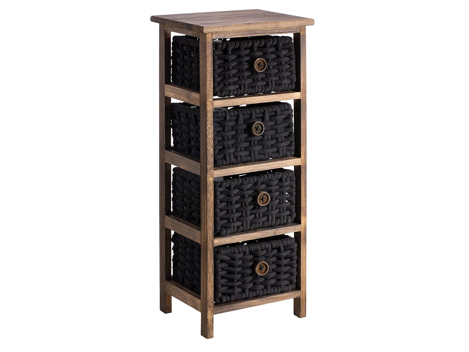 Chiffonnier PLUTO petite commode de nuit en bois de paulownia brun foncé, avec 4 paniers en coton tressé noir