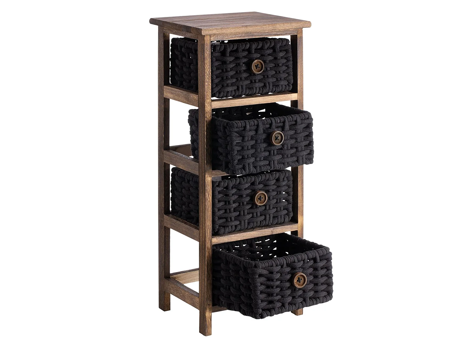Chiffonnier PLUTO petite commode de nuit en bois de paulownia brun foncé, avec 4 paniers en coton tressé noir