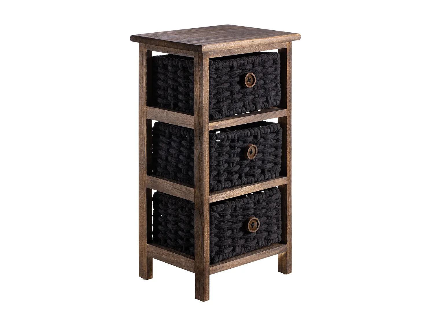 Chiffonnier PLUTO petite commode de nuit en bois de paulownia brun foncé, avec 3 paniers en coton tressé noir