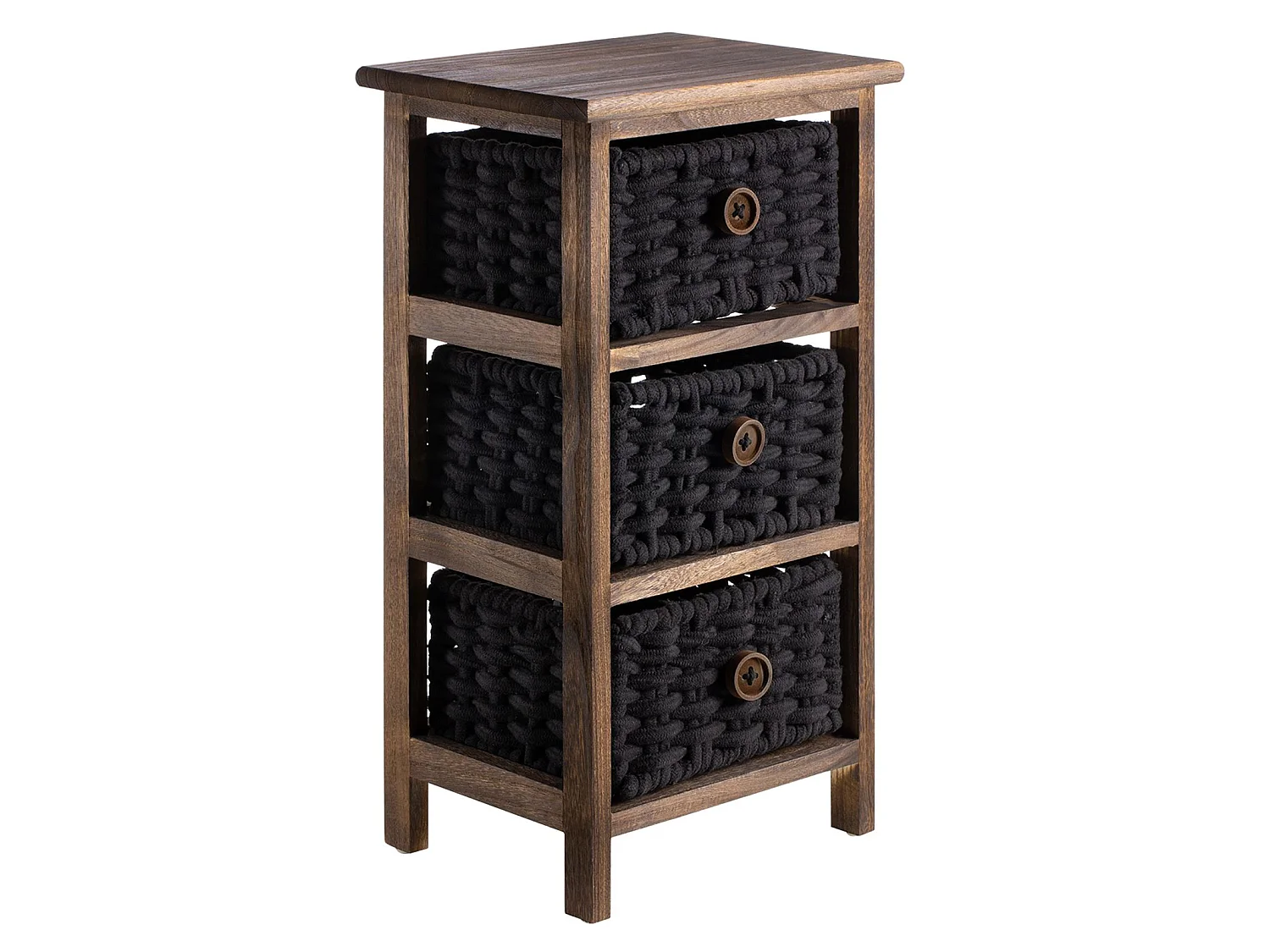 Chiffonnier PLUTO petite commode de nuit en bois de paulownia brun foncé, avec 3 paniers en coton tressé noir