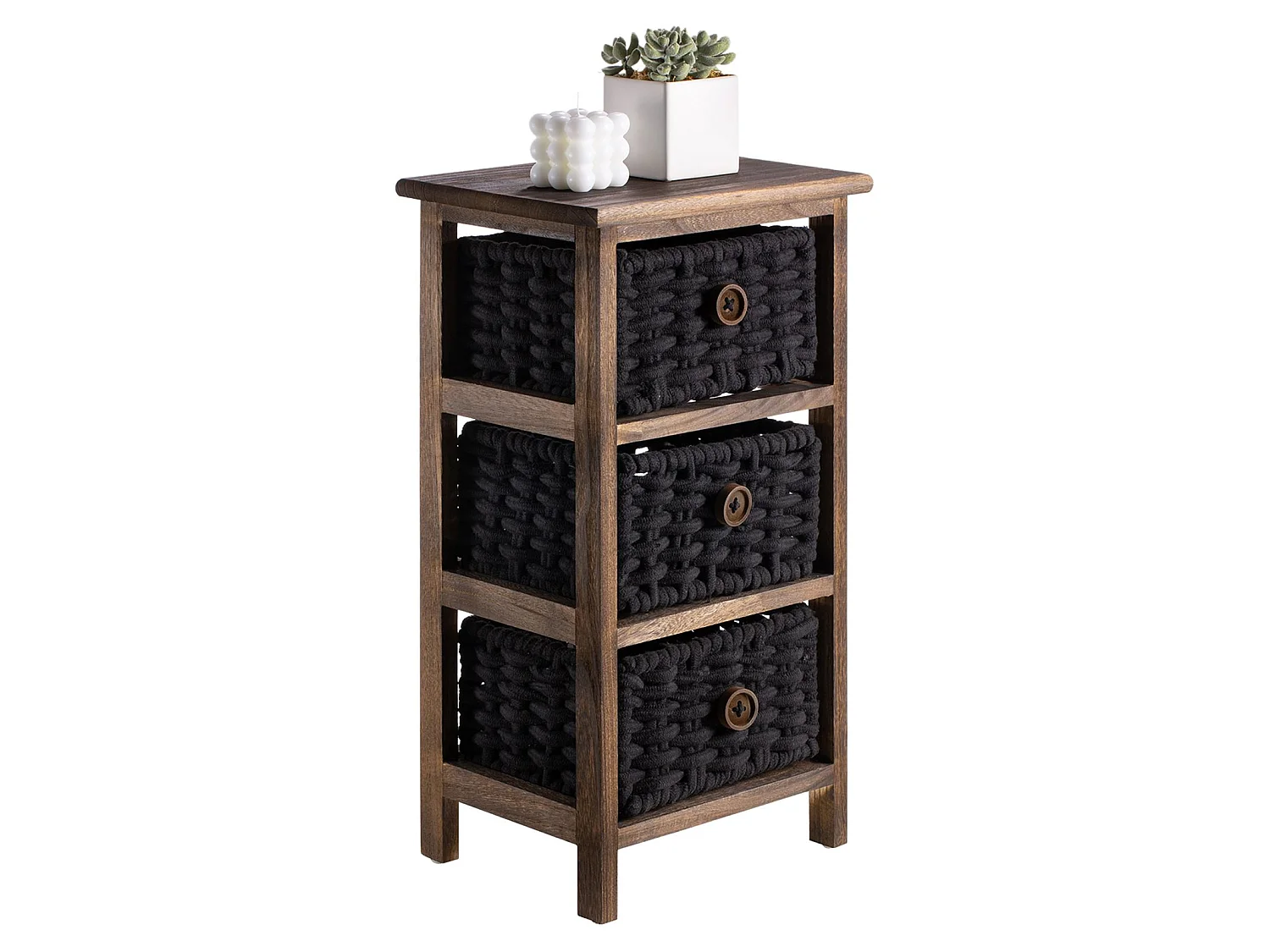 Chiffonnier PLUTO petite commode de nuit en bois de paulownia brun foncé, avec 3 paniers en coton tressé noir