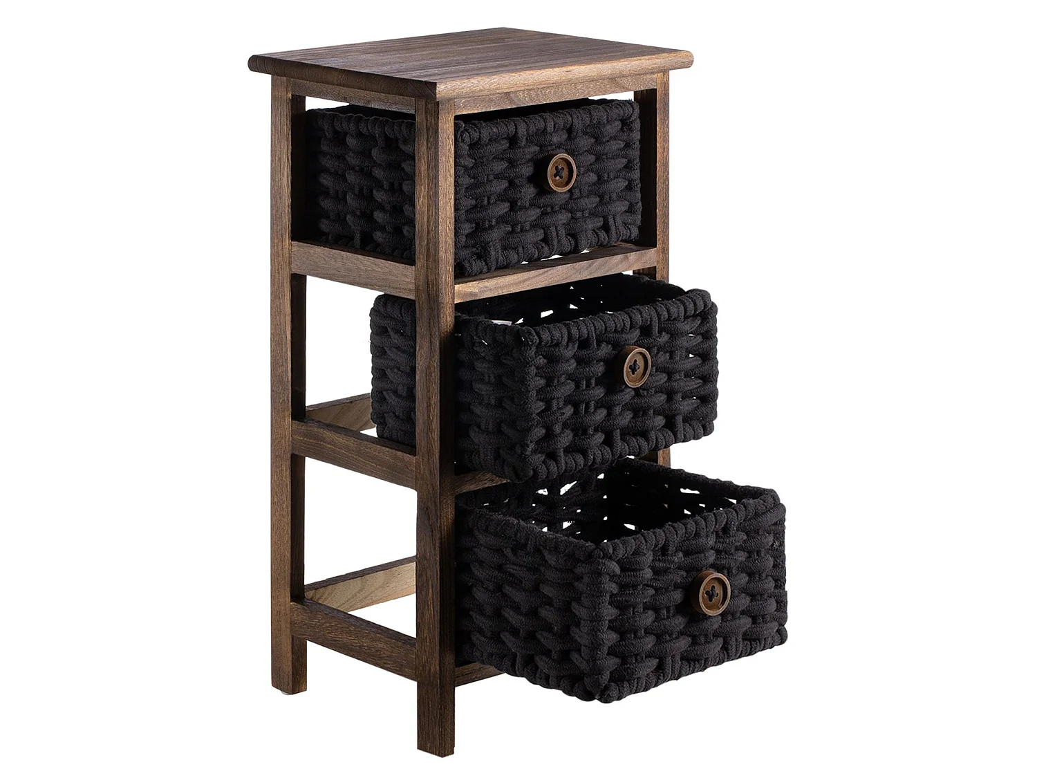 Chiffonnier PLUTO petite commode de nuit en bois de paulownia brun foncé, avec 3 paniers en coton tressé noir