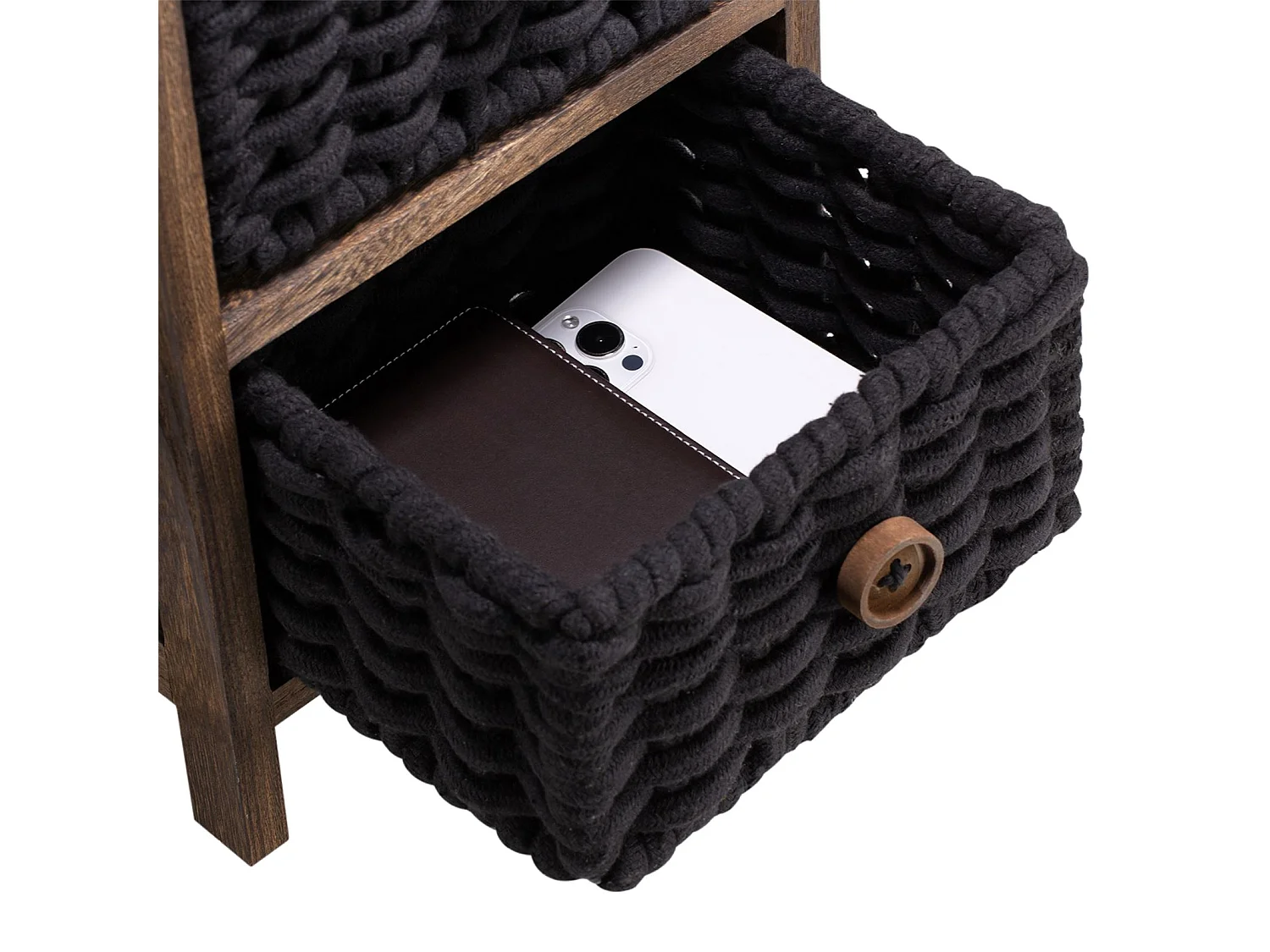 Chiffonnier PLUTO petite commode de nuit en bois de paulownia brun foncé, avec 3 paniers en coton tressé noir