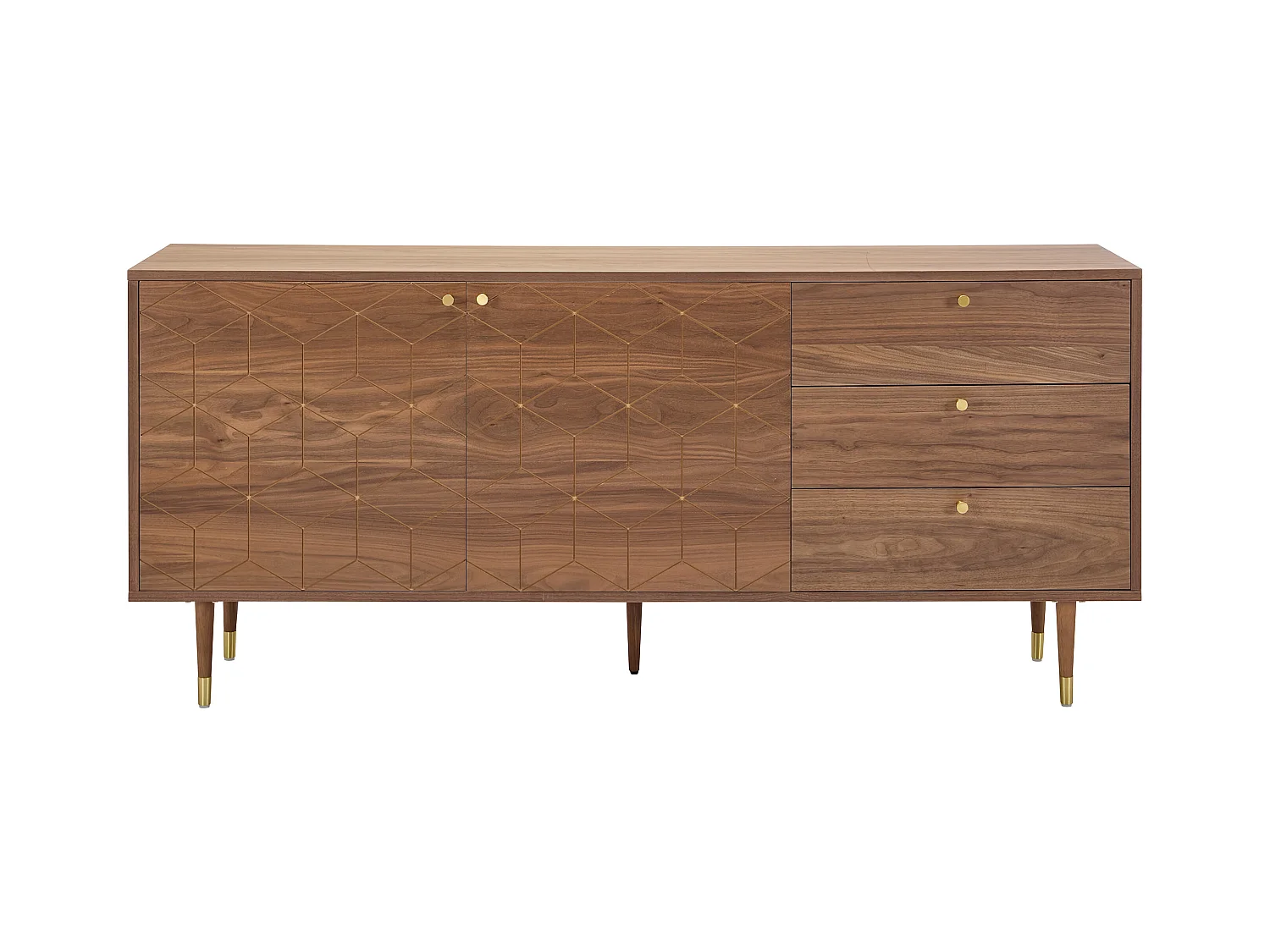 Buffet avec 2 portes et 3 tiroirs placage noyer - Naturel foncé et doré - PARIOMA