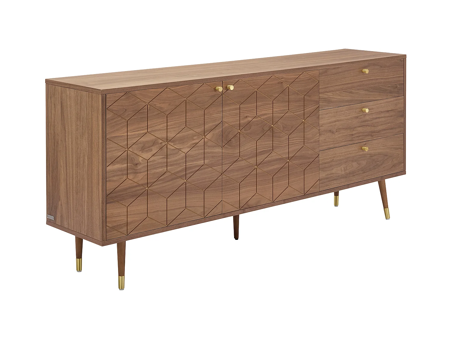 Buffet avec 2 portes et 3 tiroirs placage noyer - Naturel foncé et doré - PARIOMA
