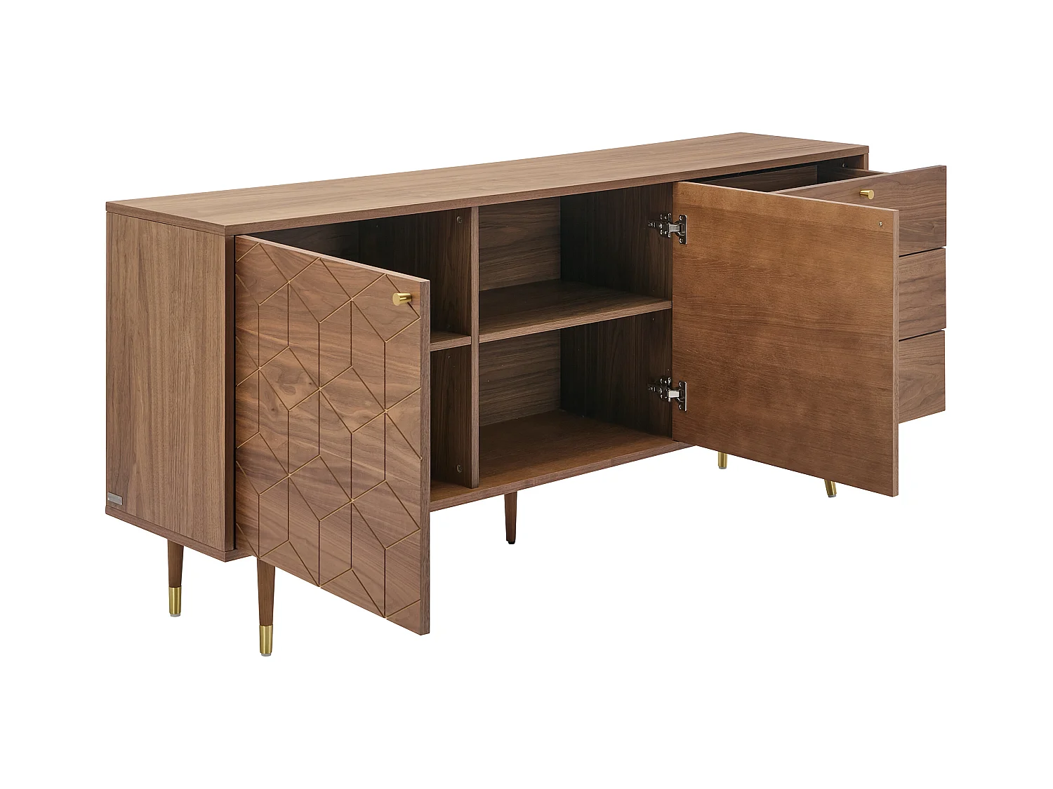 Buffet avec 2 portes et 3 tiroirs placage noyer - Naturel foncé et doré - PARIOMA