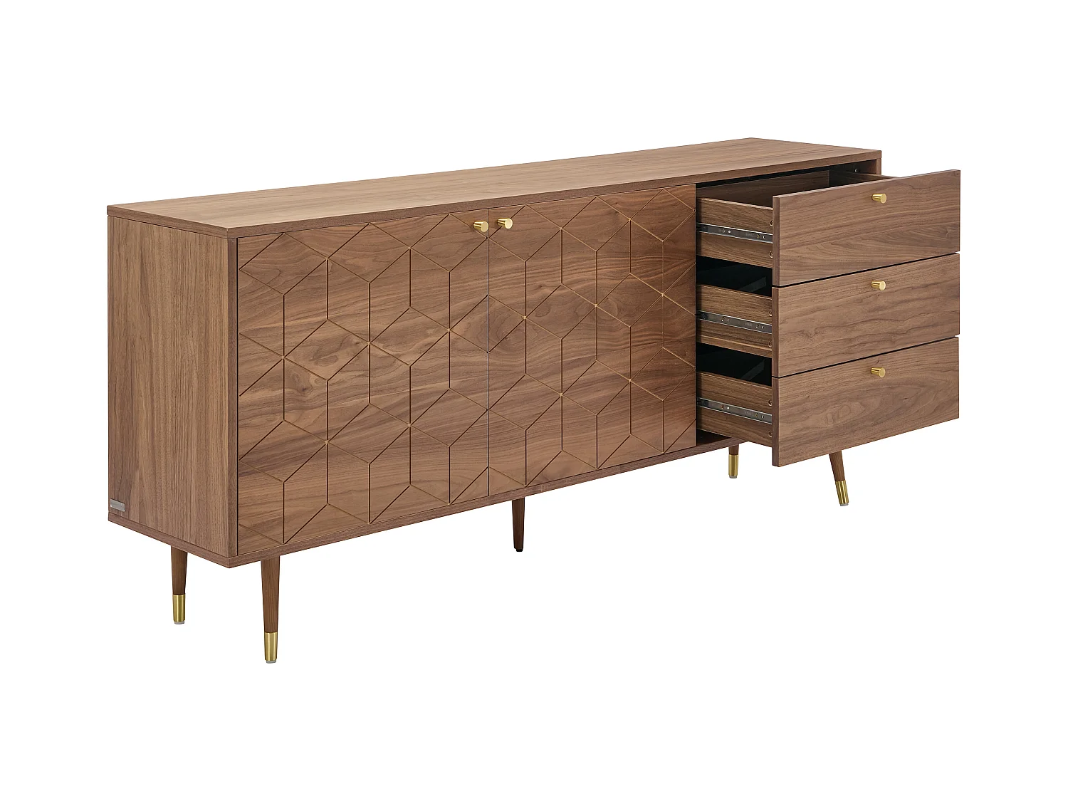 Buffet avec 2 portes et 3 tiroirs placage noyer - Naturel foncé et doré - PARIOMA