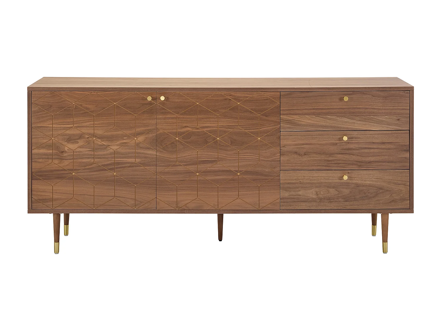 Buffet avec 2 portes et 3 tiroirs placage noyer - Naturel foncé et doré - PARIOMA