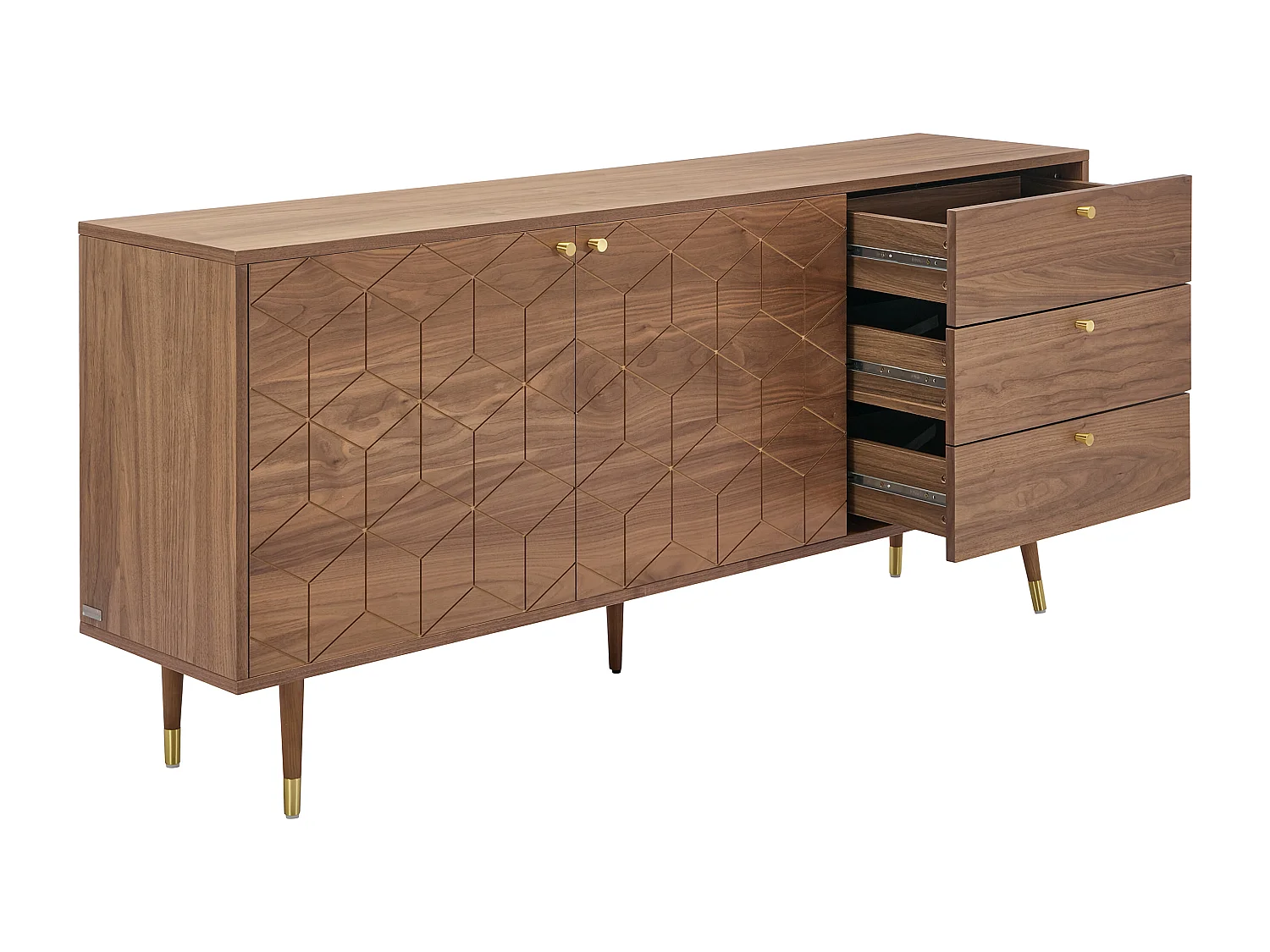 Buffet avec 2 portes et 3 tiroirs placage noyer - Naturel foncé et doré - PARIOMA