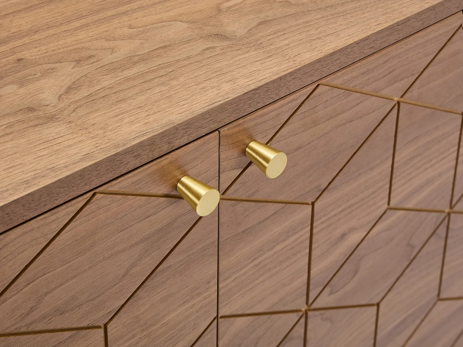 Buffet avec 2 portes et 3 tiroirs placage noyer - Naturel foncé et doré - PARIOMA