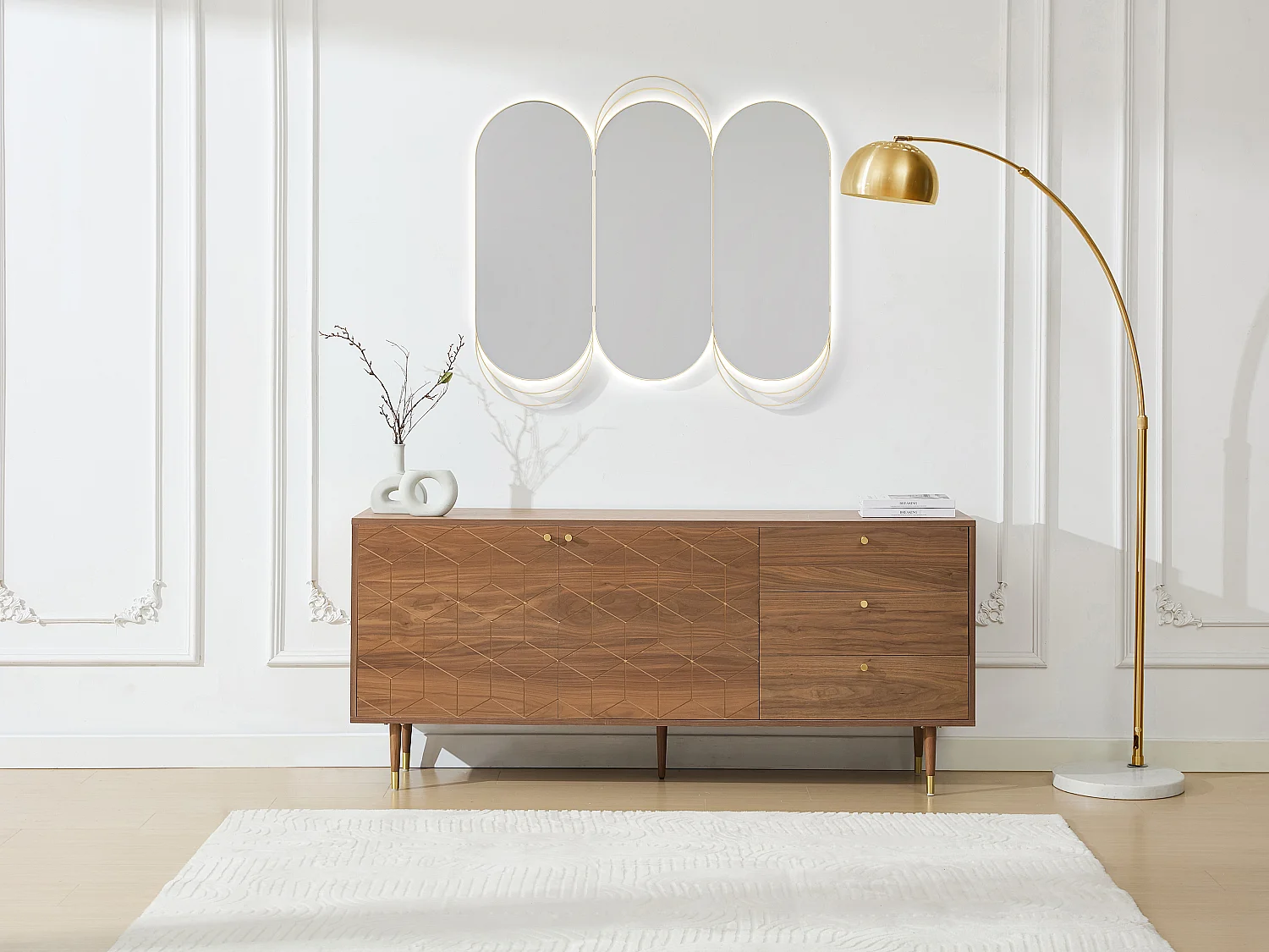 Buffet avec 2 portes et 3 tiroirs placage noyer - Naturel foncé et doré - PARIOMA