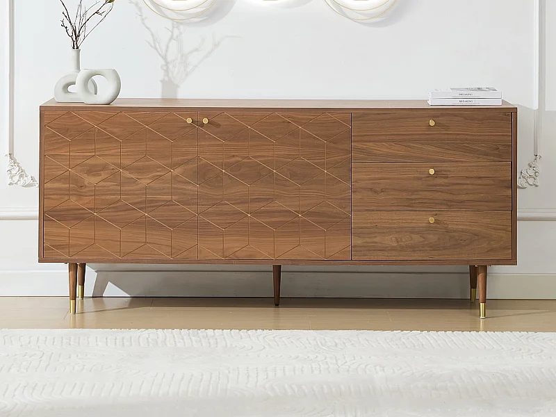 Buffet avec 2 portes et 3 tiroirs placage noyer - Naturel foncé et doré - PARIOMA