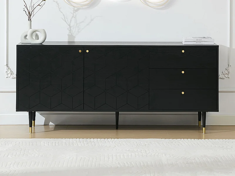 Credenza con 2 ante e 3 cassetti placcatura rovere Nero e Dorato  - PARIOMA