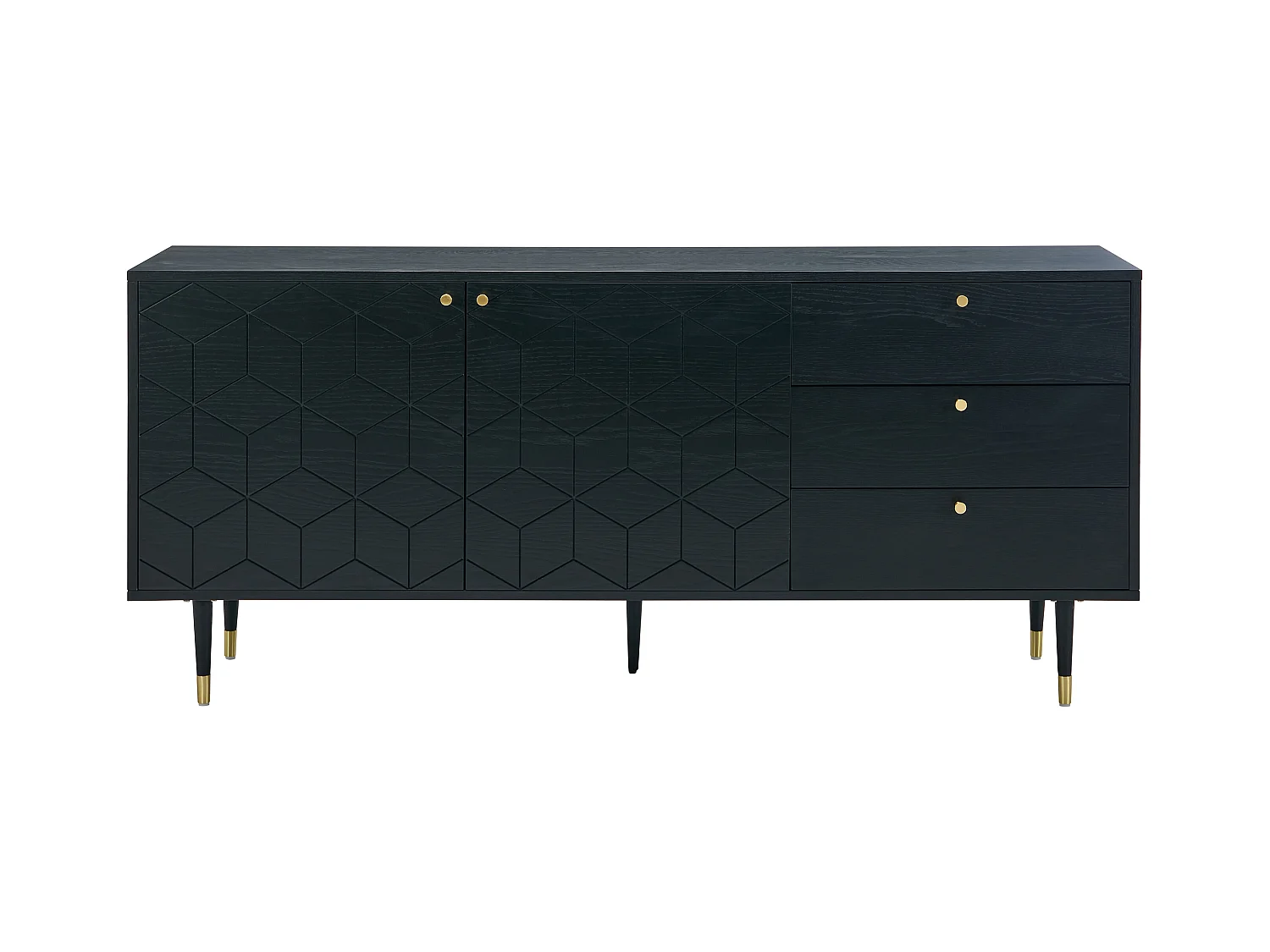 Buffetkast met 2 deurtjes en 3 lades in eikenfineer - Zwart en goudkleurig - PARIOMA