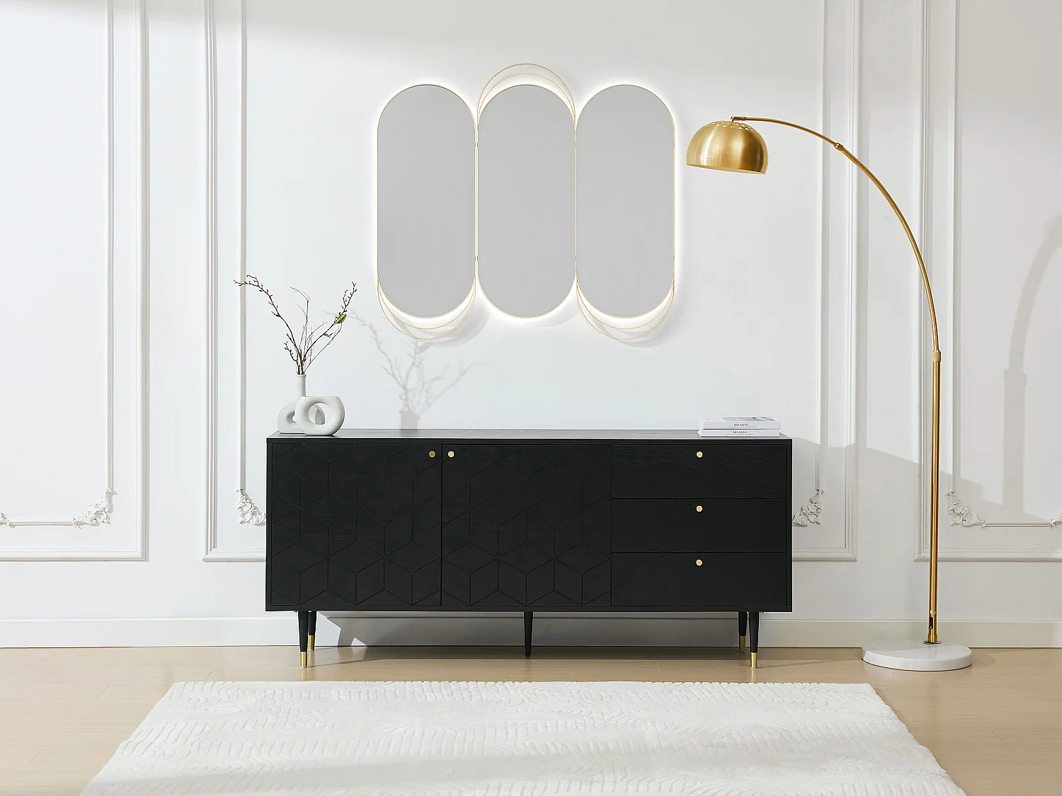 Buffetkast met 2 deurtjes en 3 lades in eikenfineer - Zwart en goudkleurig - PARIOMA