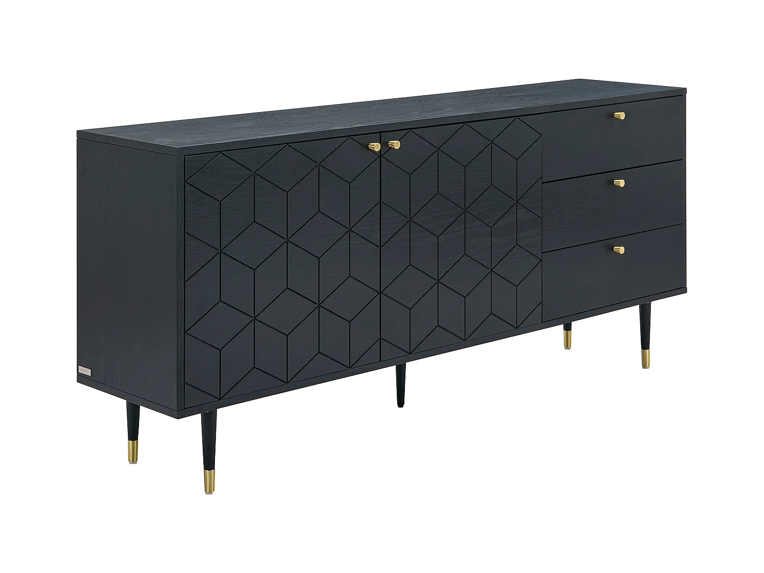 Buffet avec 2 portes et 3 tiroirs placage chêne - Noir et doré - PARIOMA