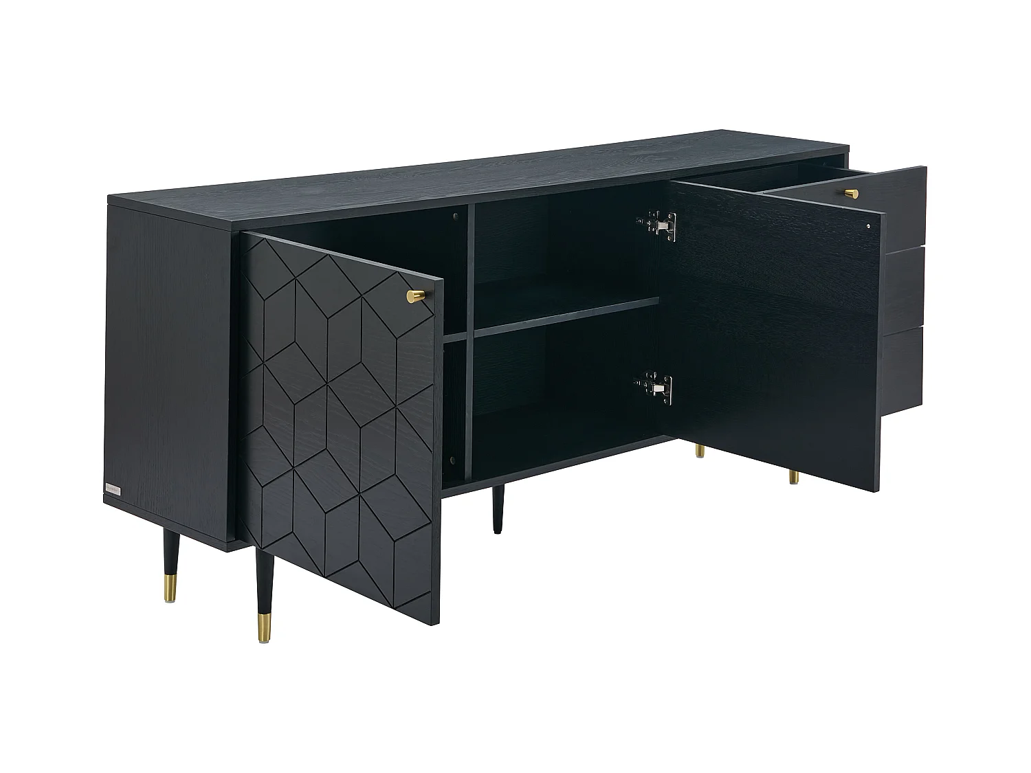 Buffet avec 2 portes et 3 tiroirs placage chêne - Noir et doré - PARIOMA