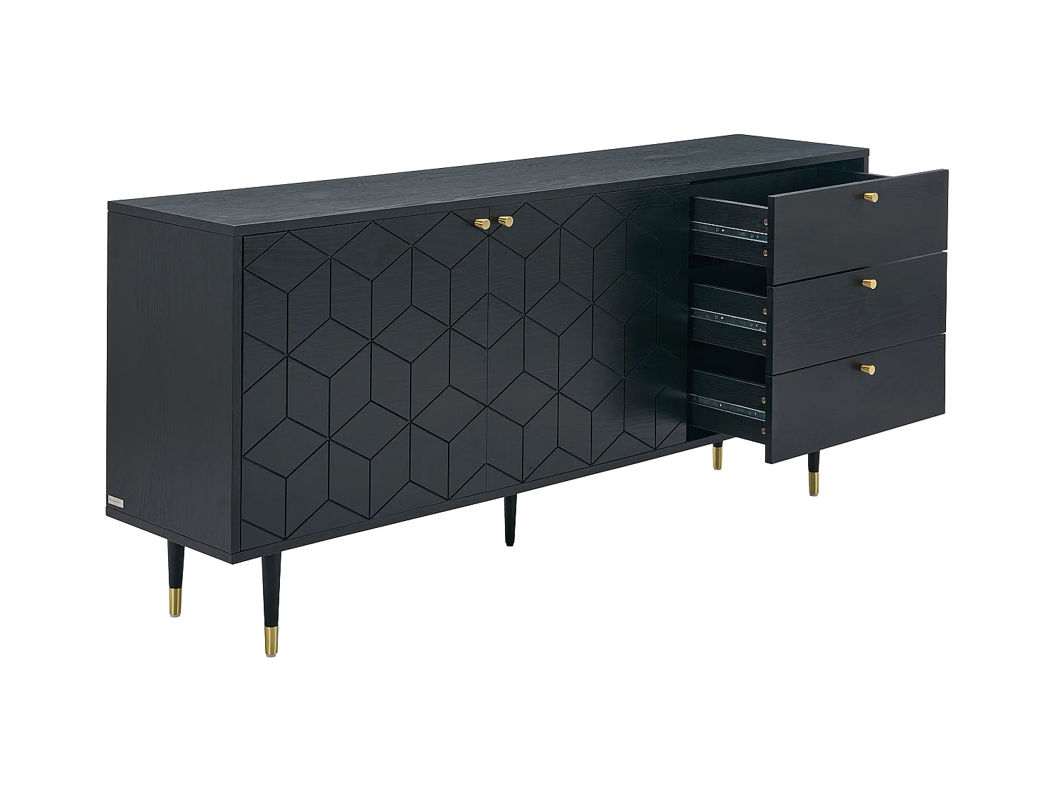 Buffet avec 2 portes et 3 tiroirs placage chêne - Noir et doré - PARIOMA