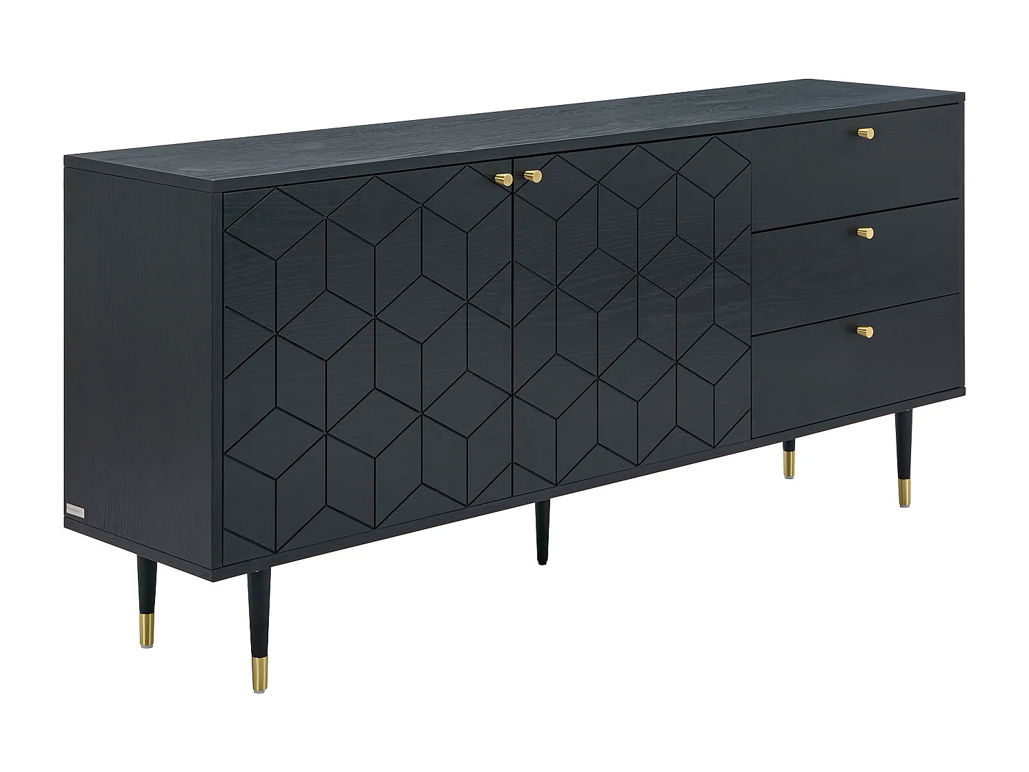 Buffet avec 2 portes et 3 tiroirs placage chêne - Noir et doré - PARIOMA