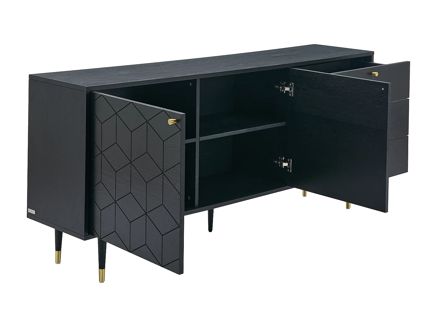 Buffet avec 2 portes et 3 tiroirs placage chêne - Noir et doré - PARIOMA