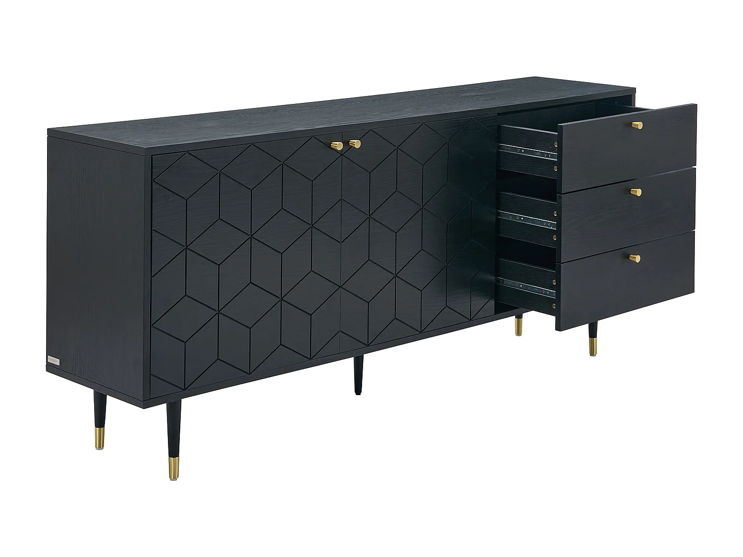 Buffet avec 2 portes et 3 tiroirs placage chêne - Noir et doré - PARIOMA