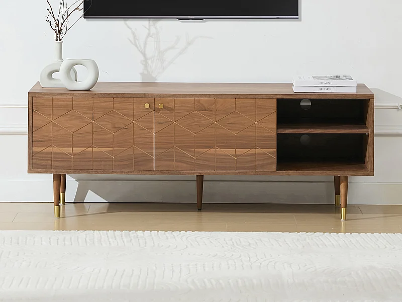 Móvel de TV com 2 portas e 2 nichos folha de nogueira natural e dourado - PARIOMA