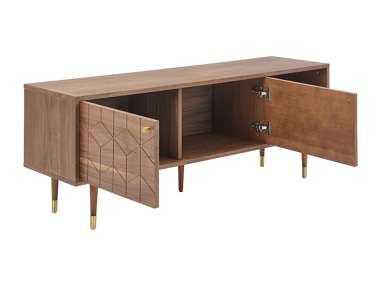 Meuble TV avec 2 portes et 2 niches placage noyer - Naturel et doré - PARIOMA