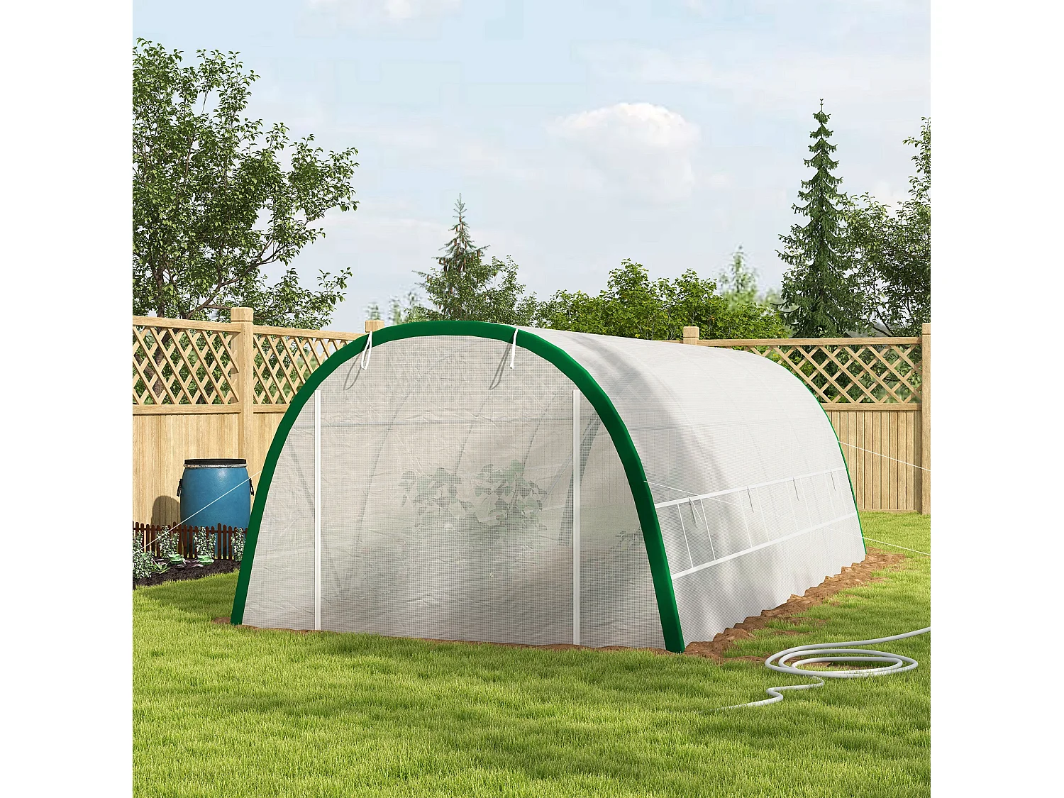Serre de jardin tunnel surface sol 18 m² châssis tubulaire acier galvanisé renforcé 24 mm 8 fenêtres PE maillé blanc vert