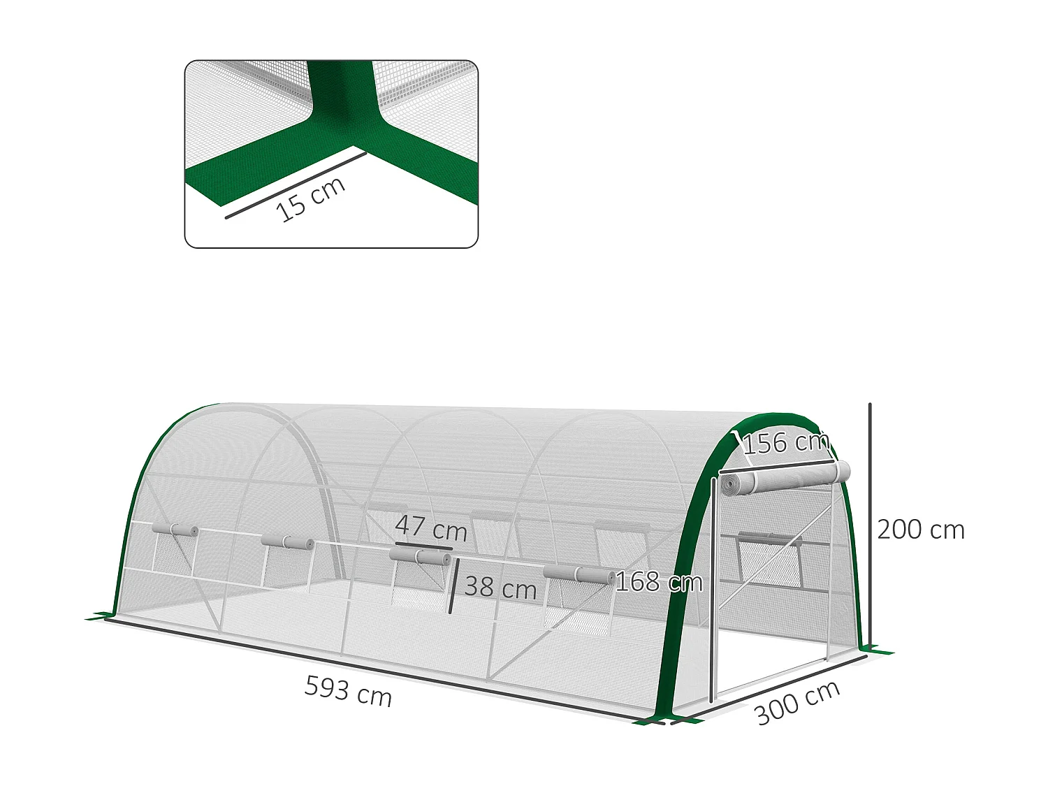 Serre de jardin tunnel surface sol 18 m² châssis tubulaire acier galvanisé renforcé 24 mm 8 fenêtres PE maillé blanc vert