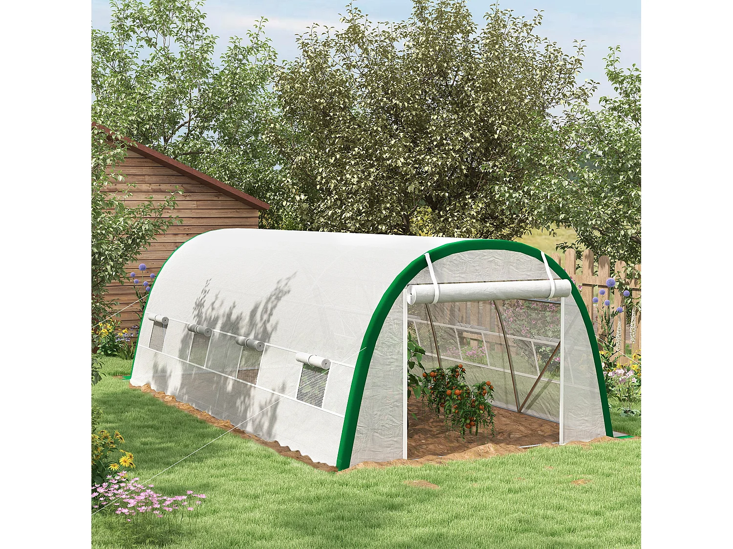 Serre de jardin tunnel surface sol 18 m² châssis tubulaire acier galvanisé renforcé 24 mm 8 fenêtres PE maillé blanc vert