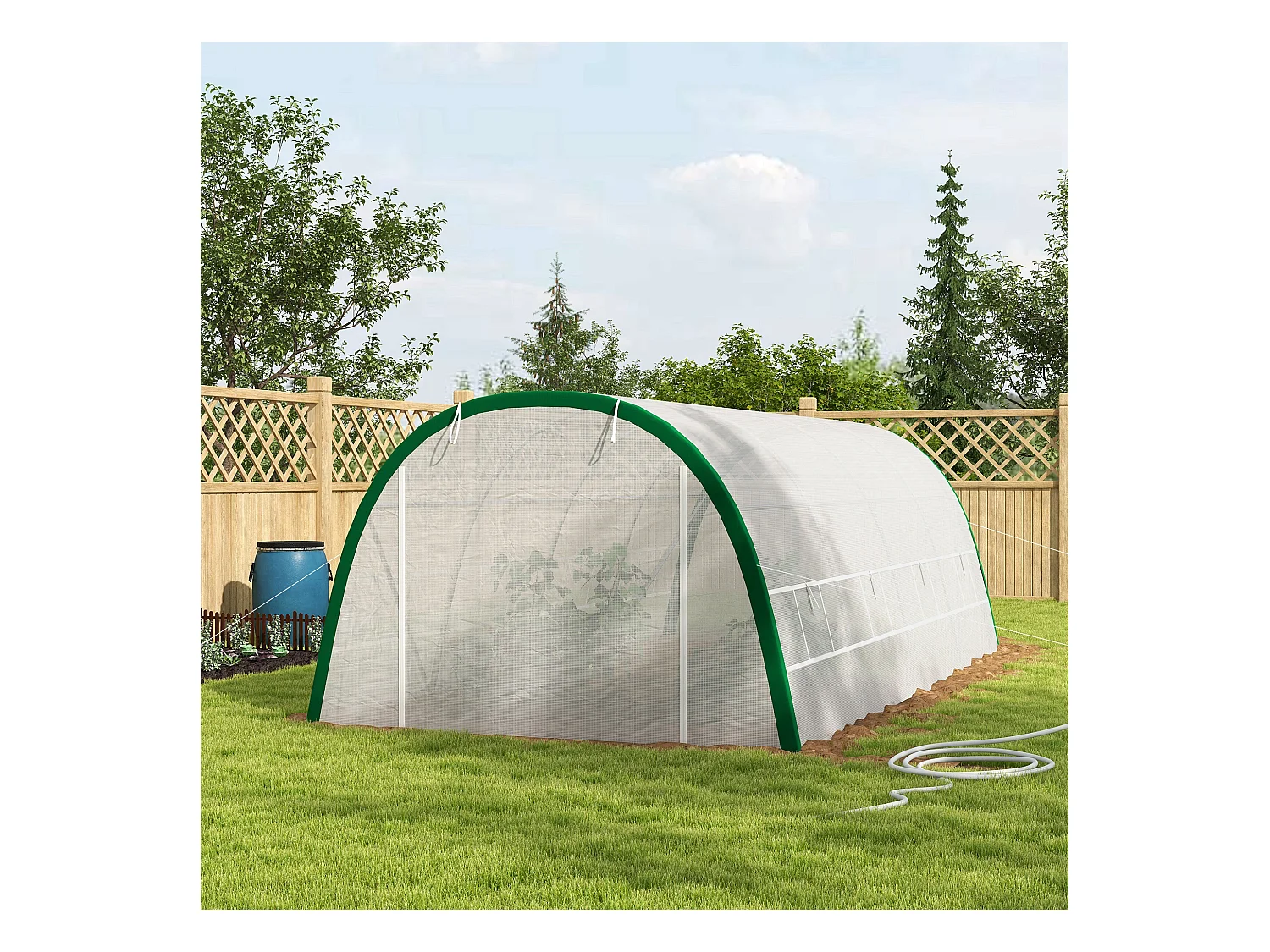 Serre de jardin tunnel surface sol 18 m² châssis tubulaire acier galvanisé renforcé 24 mm 8 fenêtres PE maillé blanc vert
