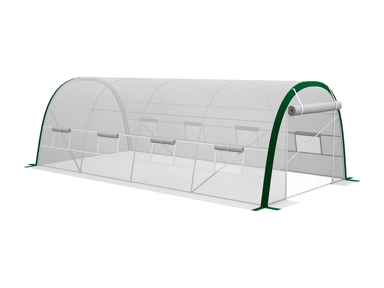 Serre de jardin tunnel surface sol 18 m² châssis tubulaire acier galvanisé renforcé 24 mm 8 fenêtres PE maillé blanc vert
