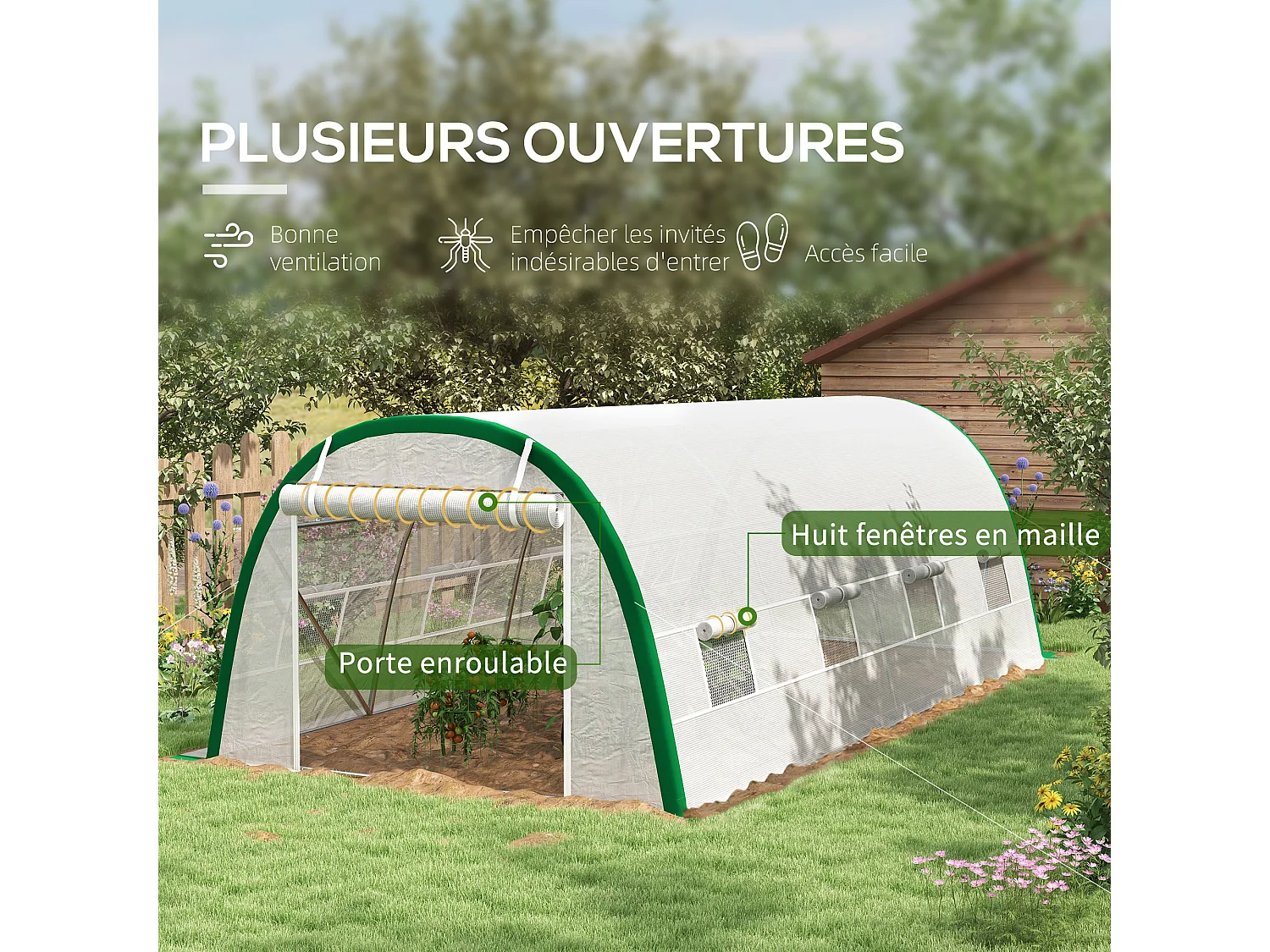 Serre de jardin tunnel surface sol 18 m² châssis tubulaire acier galvanisé renforcé 24 mm 8 fenêtres PE maillé blanc vert