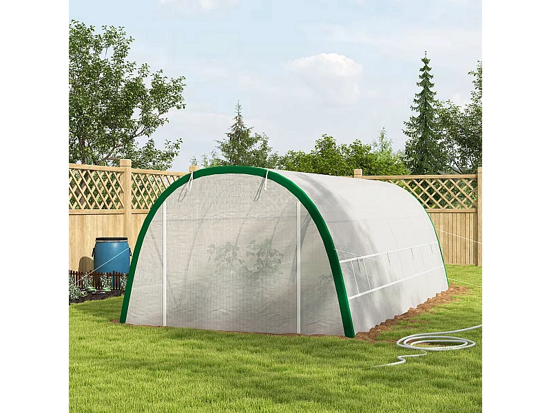 Serre de jardin tunnel surface sol 18 m² châssis tubulaire acier galvanisé renforcé 24 mm 8 fenêtres PE maillé blanc vert