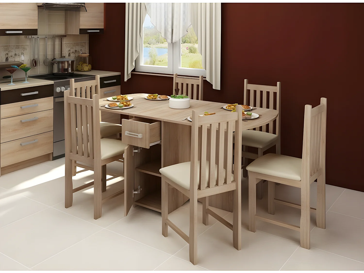 Table à manger ovale pliante avec 2 tiroirs Blanc artisan 160x80cm modèle:HOMNI 2 Table pliable