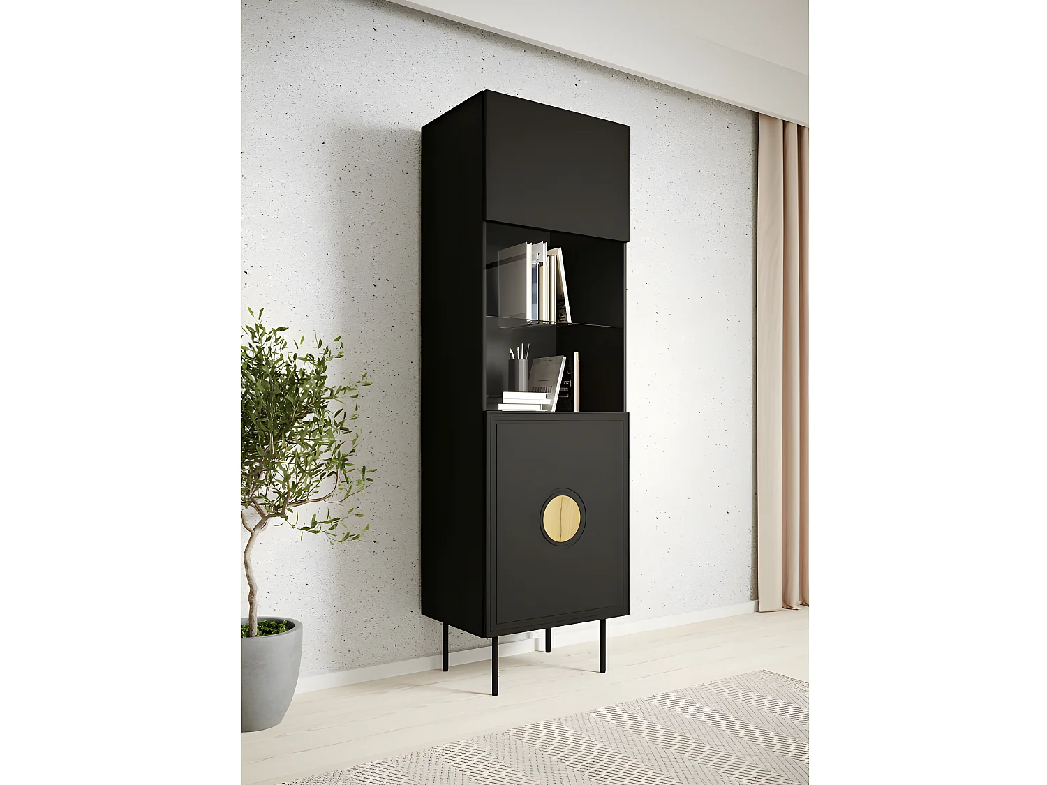 Meuble Vitrine de rangement sur pied 60x190x40 Noir mat/Chêne artisan Modèle PALAZO