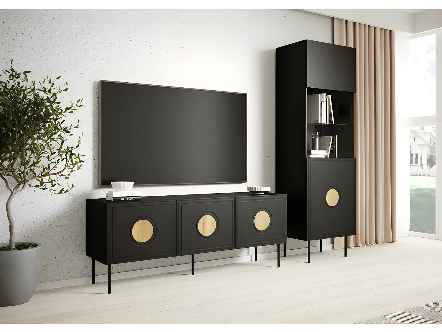 Meuble Vitrine de rangement sur pied 60x190x40 Noir mat/Chêne artisan Modèle PALAZO