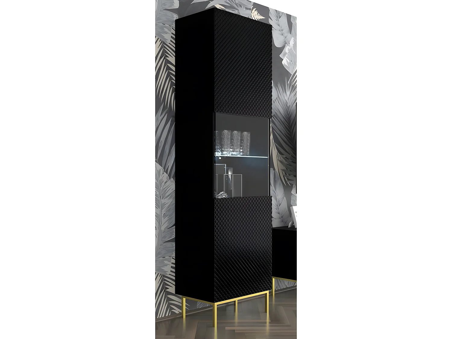 Vitrine avec étagères sur pied Noir mat 60x42x217 RAVI C DIAMANT Pied Cadré or