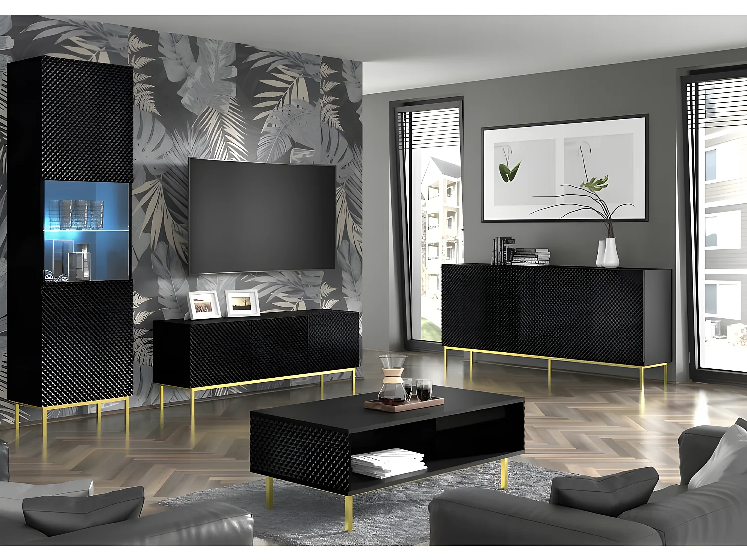 Vitrine avec étagères sur pied Noir mat 60x42x217 RAVI C DIAMANT Pied Cadré or