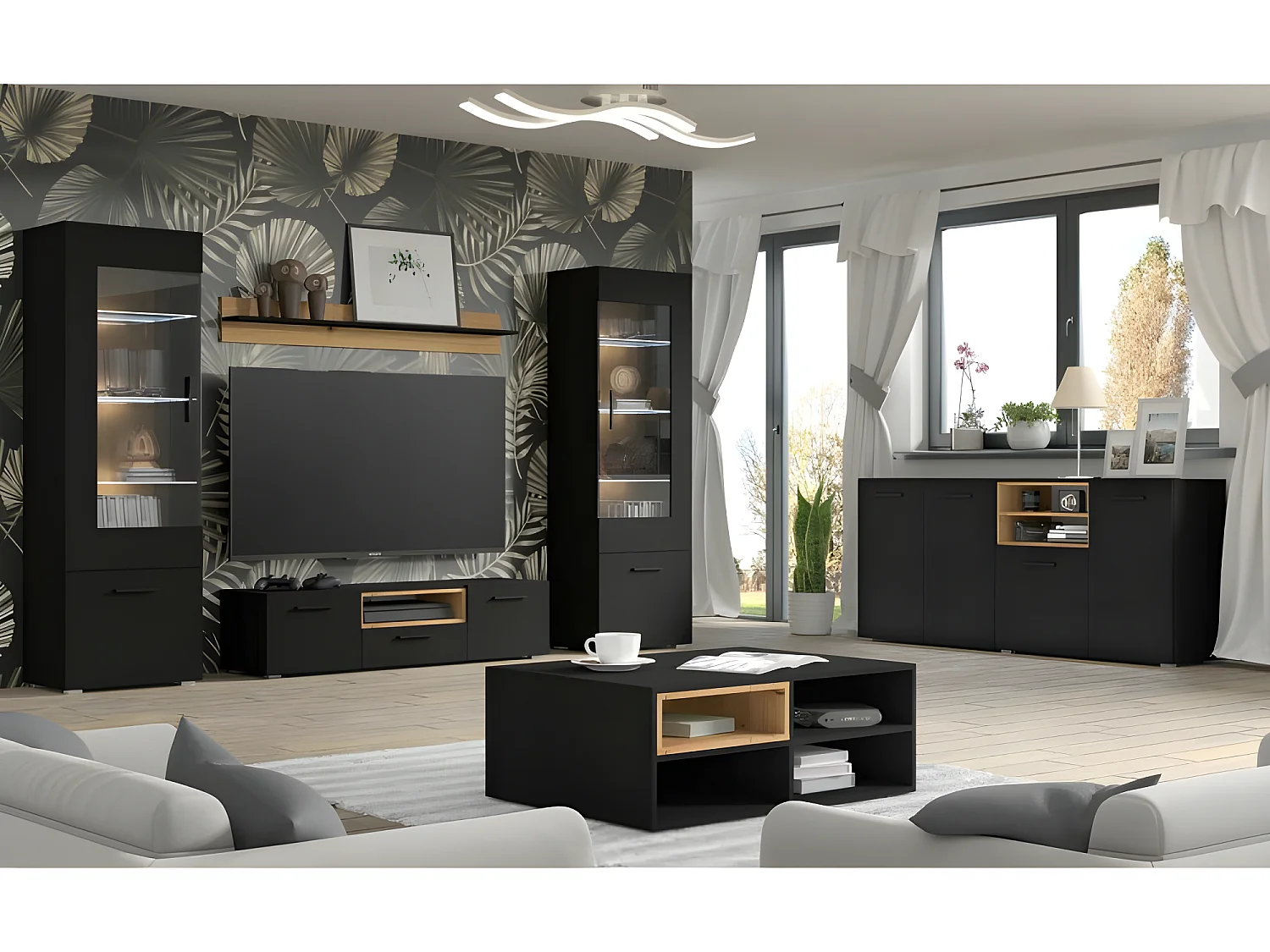 Vitrine de rangement noir mat 190x90x44cm avec porte en verre pour salon Anette