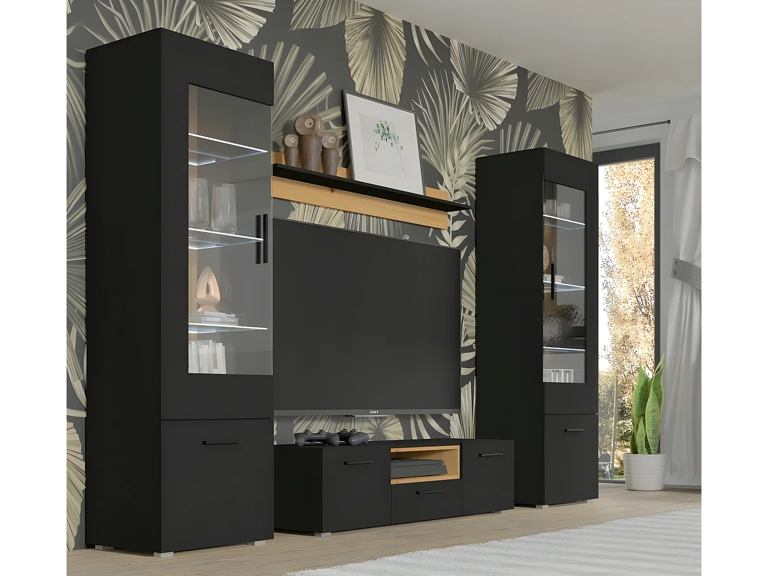 Vitrine de rangement noir mat 190x90x44cm avec porte en verre pour salon Anette