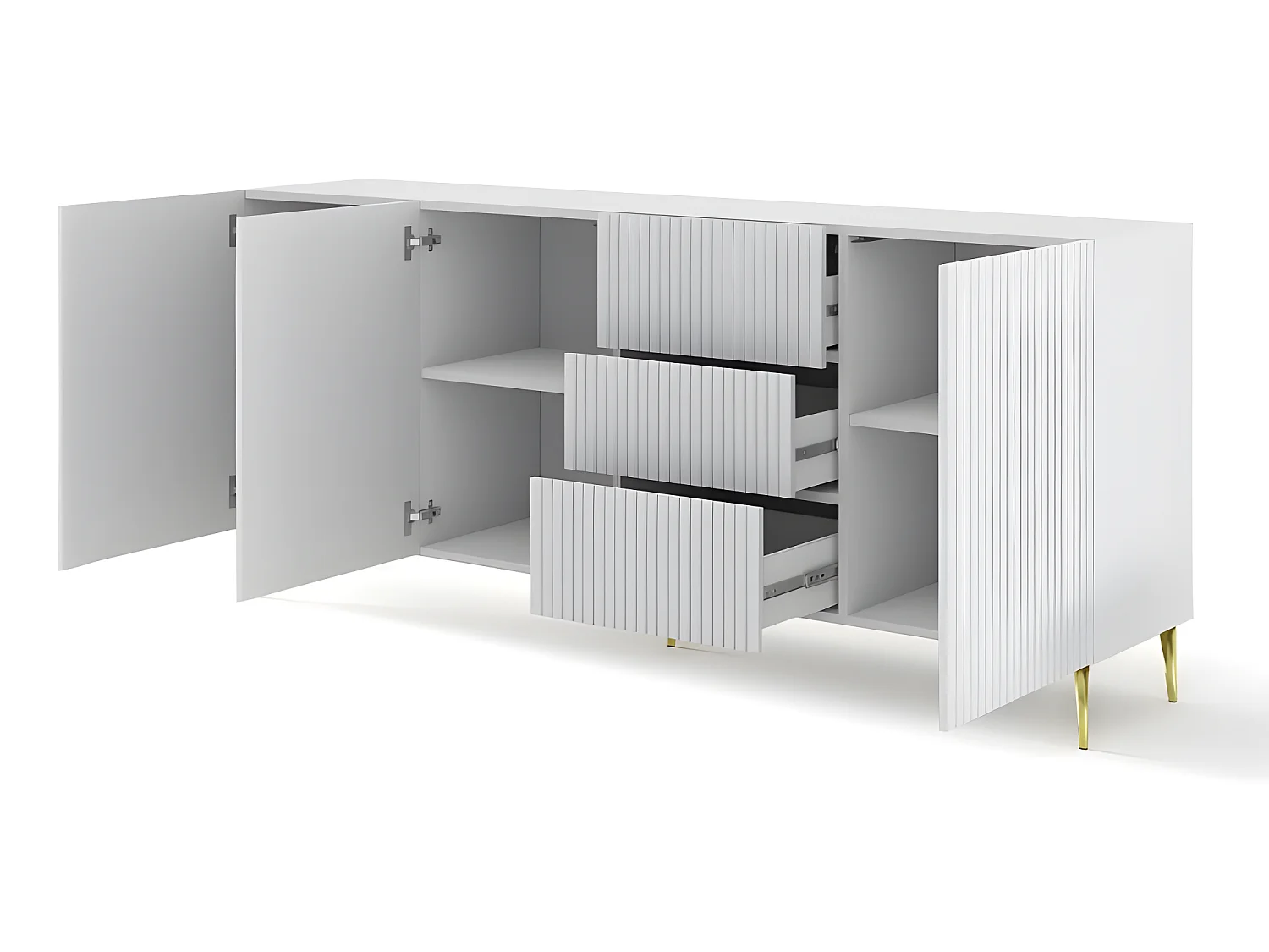 Commode de rangement Meuble universel Blanc Mat 200x42x87 RAVI B FILET 2D3S Pied or