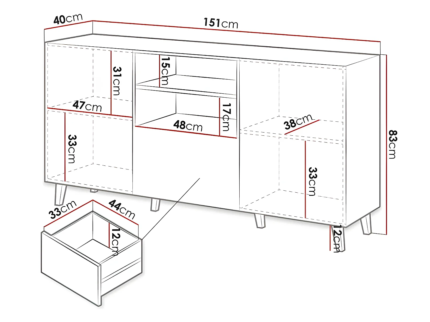 Commode de rangement Meuble universel NOIR 150x83x40cm PALACE élegant sur pieds