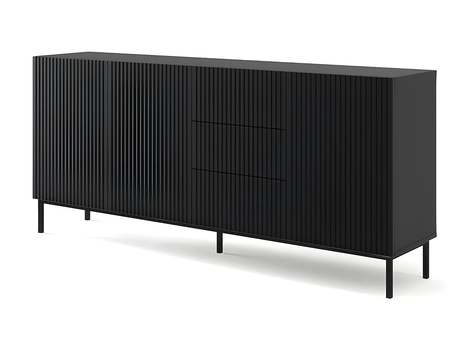 Commode de rangement Meuble universel Noir Mat 200x42x89 RAVI B FILET 2D3S Pied Cadré Noir