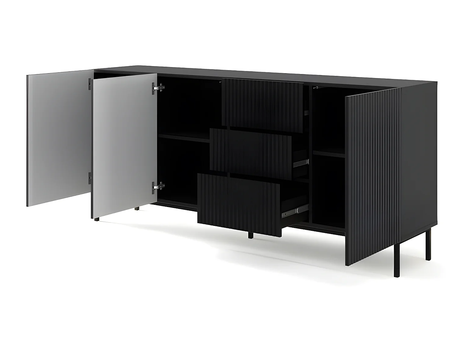 Commode de rangement Meuble universel Noir Mat 200x42x89 RAVI B FILET 2D3S Pied Cadré Noir