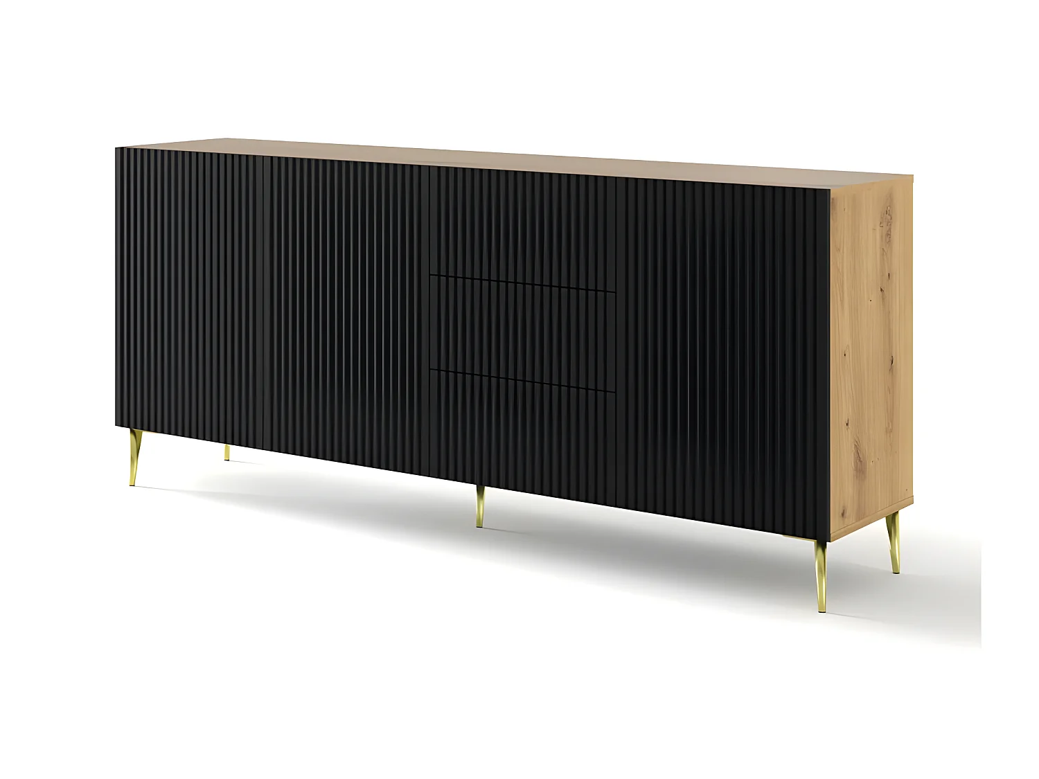 Commode de rangement Meuble Couleur Chêne Artisan Mat 200x42x87 RAVI B FILET 2D3S Pied or