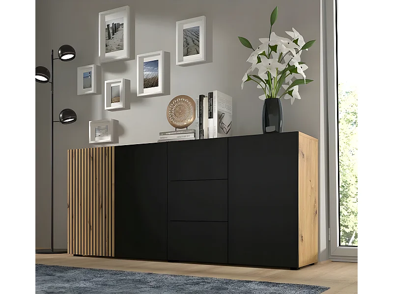 Commode de rangement Meuble Noir/Chêne artisanale 180x42x82cm AURIS 3D3S