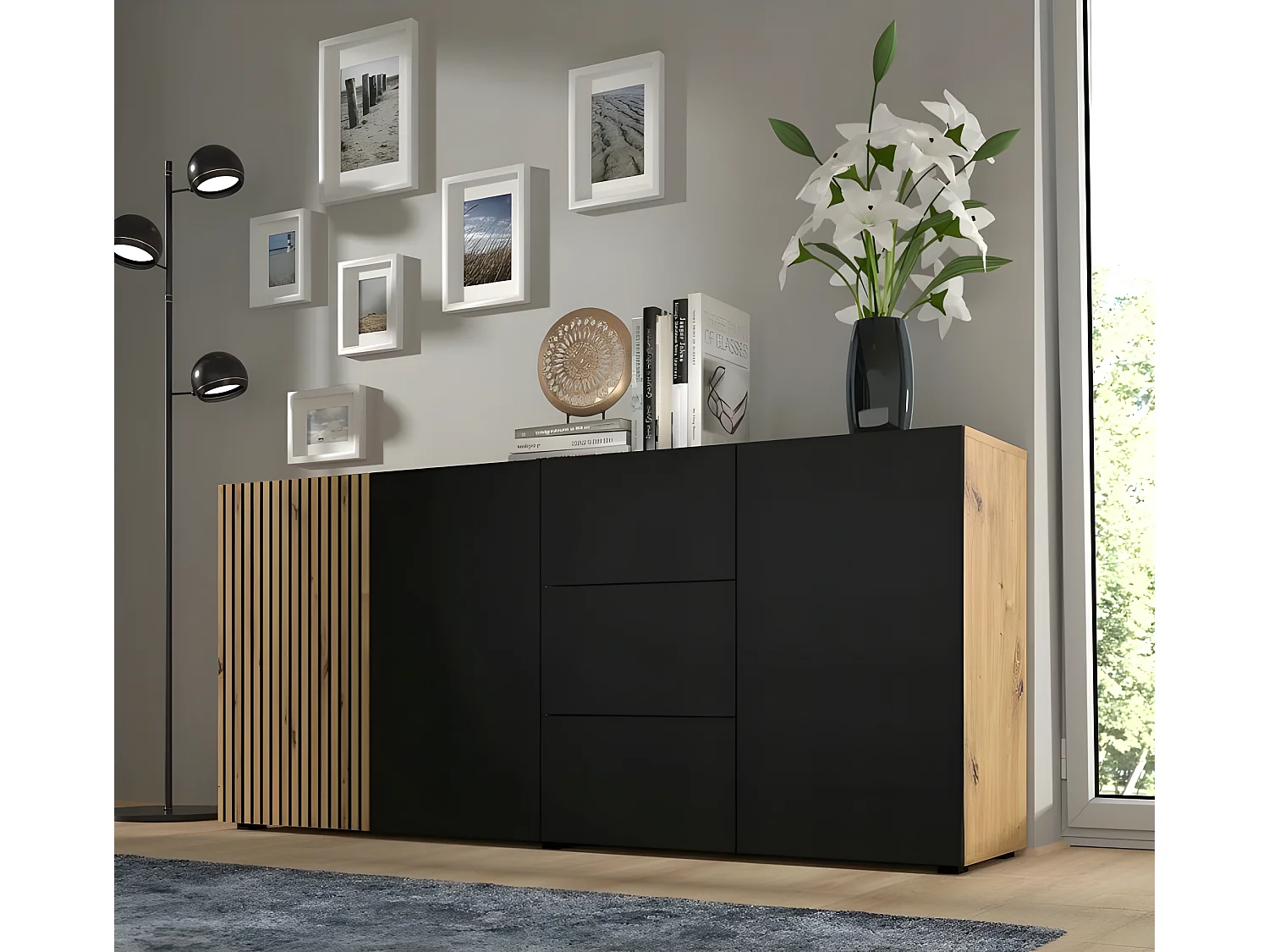 Commode de rangement Meuble Noir/Chêne artisanale 180x42x82cm AURIS 3D3S