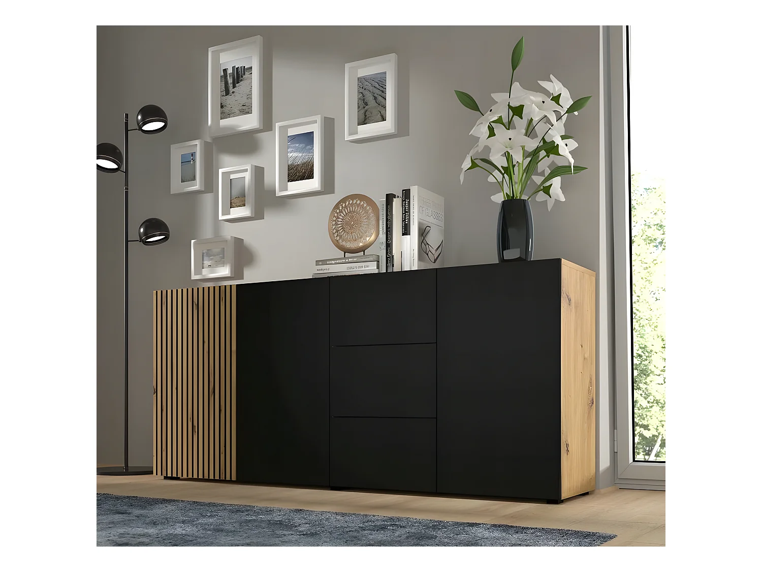 Commode de rangement Meuble Noir/Chêne artisanale 180x42x82cm AURIS 3D3S