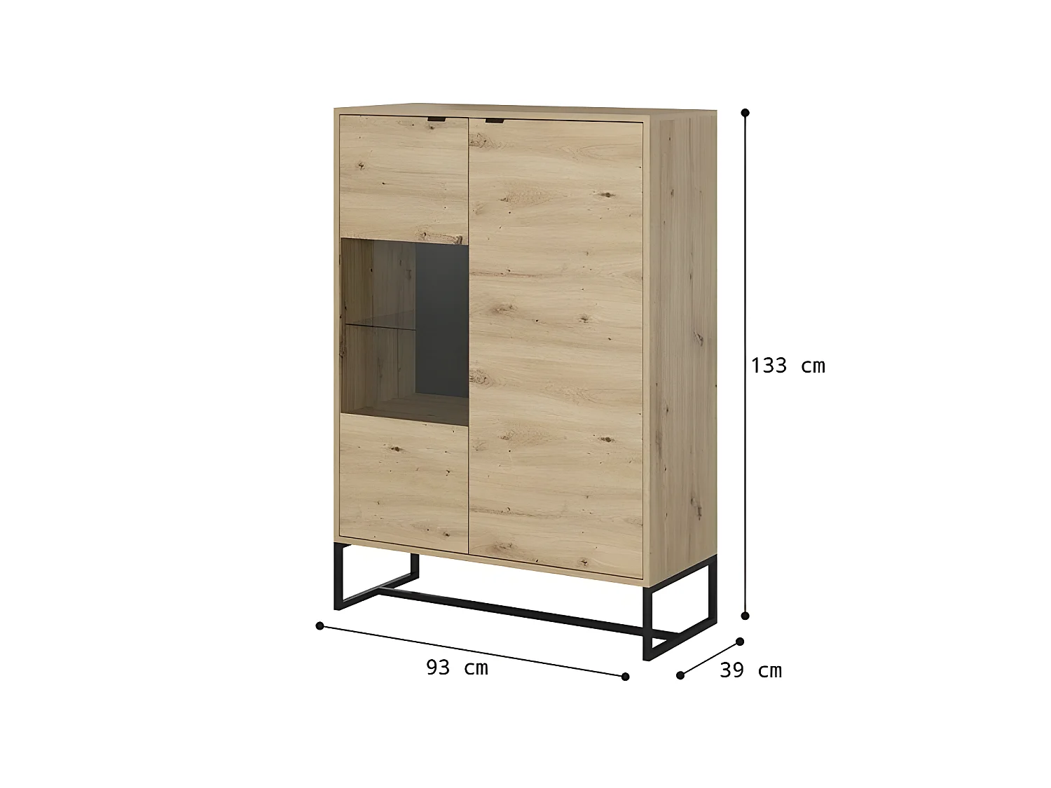 Commode universel 93cm métal chêne artisanal avec tiroirs et porte en verre modèle "AMBER AWT93"